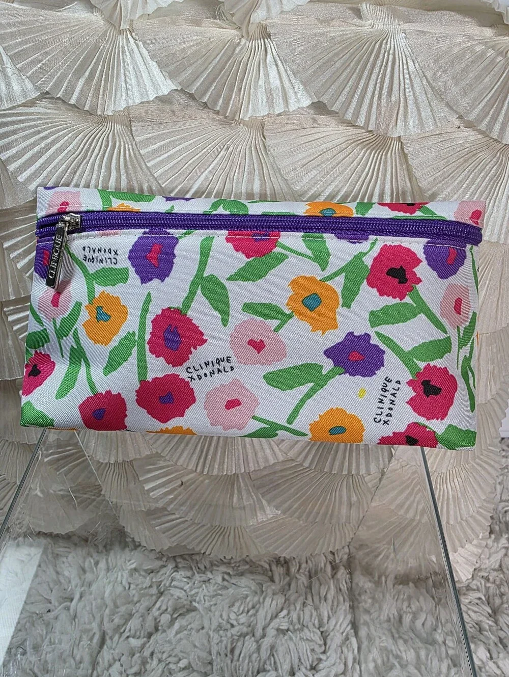 Clinique Floral Cosmetic Bag in White with Pink, Purple & Orange Blooms